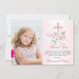 Baptism Communion Confirmation Girl Floral PHOTO Thank You Card