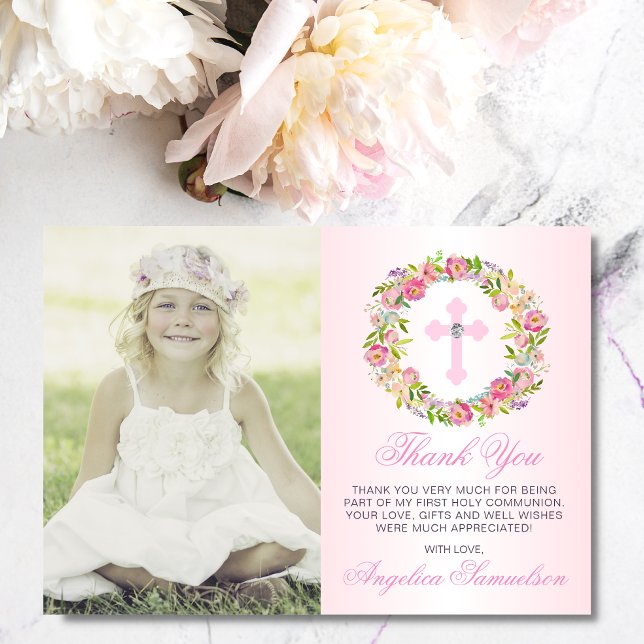Baptism Communion Confirmation Girl Floral PHOTO Thank You Card (Creator Uploaded)