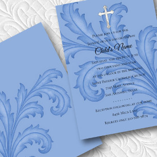Baptism Confirmation 1st Communion Blue Acanthus Invitation
