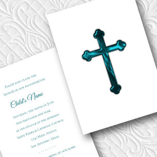 Baptism Confirmation 1st Communion Teal Cross Invitation