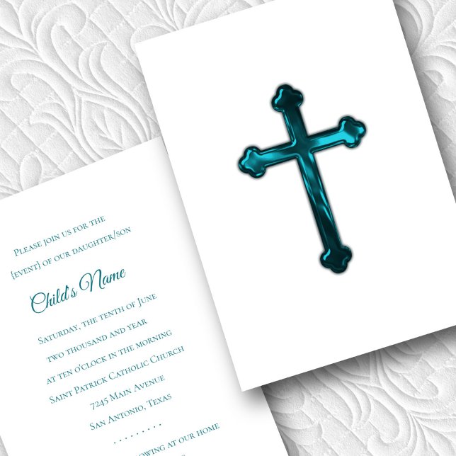 Baptism Confirmation 1st Communion Teal Cross Invitation (Creator Uploaded)