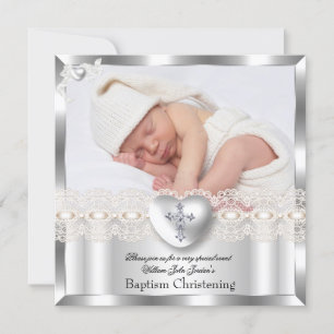 Baptism Cream Silver Photo Heart Cross Boy Girl 2 Invitation