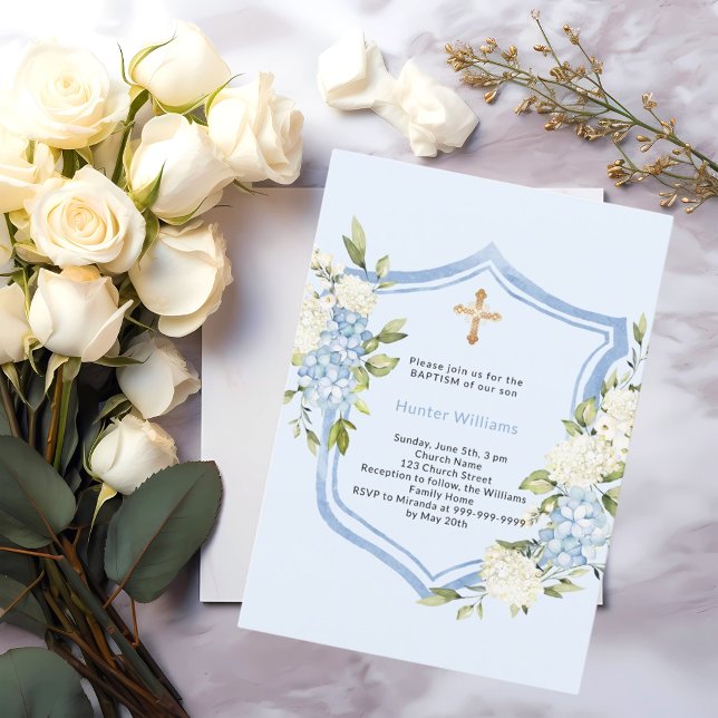 Baptism crest blue florals boy invitation (Creator Uploaded)