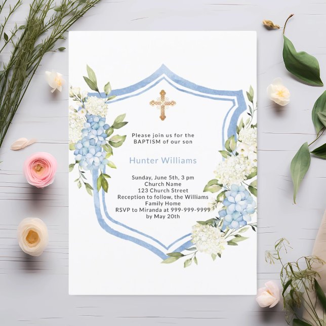 Baptism crest blue flowers boy invitation (Creator Uploaded)