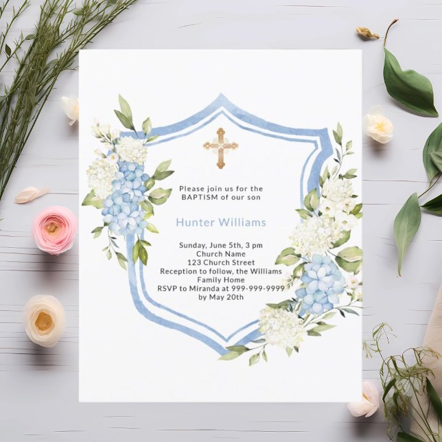 Baptism crest blue flowers boy invitation (Creator Uploaded)