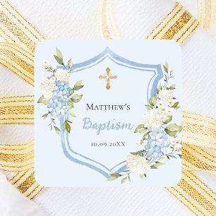 Baptism crest blue flowers boy square sticker