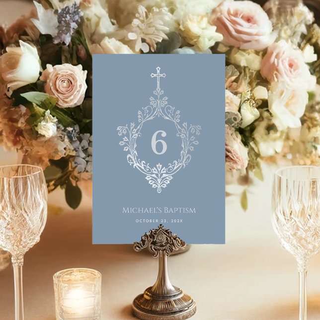 Baptism Crest Dusty Blue Faux Silver Vintage Cross Table Number (Creator Uploaded)
