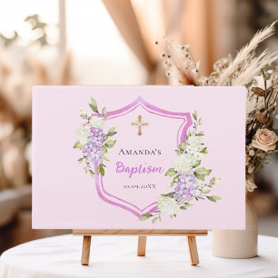 Baptism crest pink flowers girl guest book