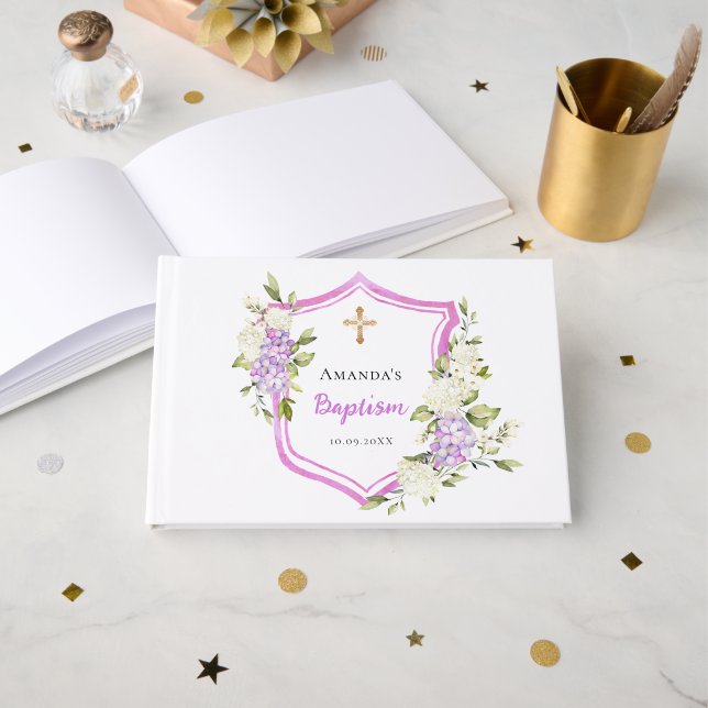 Baptism crest pink purple flowers girl guest book (Front Open)