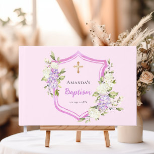 Baptism crest pink purple flowers girl guest book