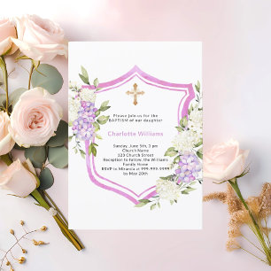Baptism crest pink purple flowers girl invitation