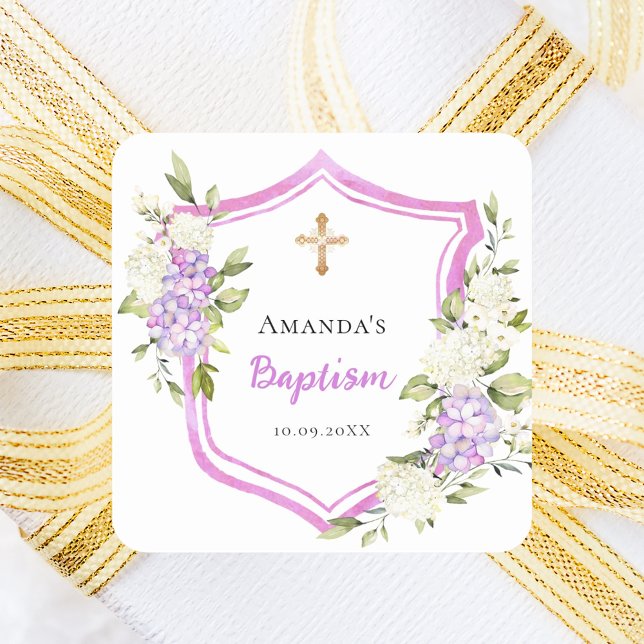 Baptism crest pink purple flowers girl square sticker (Creator Uploaded)