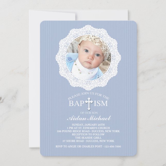 Baptism Cross Blue Photo Invitation (Front)