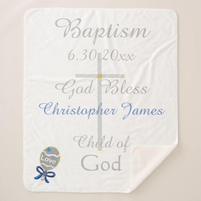 Baptism Cross Boy Blue Star Rattle Medium Sherpa Blanket (Front)