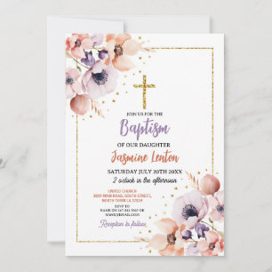 Baptism Cross Christening Flowers Purple Gold Invitation