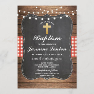 Baptism Cross Christening Red Check Gingham Chalk Invitation