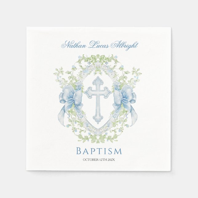Baptism Cross Crest Greenery Baby Boy Napkin (Front)