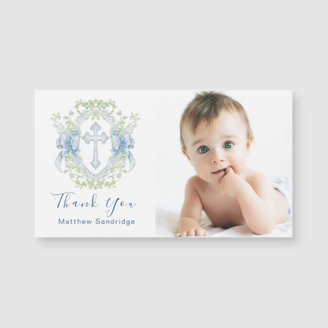 Baptism Cross Crest Greenery Baby Boy photo magnet (Front)