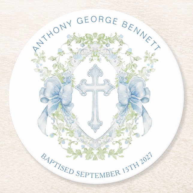Baptism Cross Crest Greenery Baby Boy  Round Paper Coaster (Front)