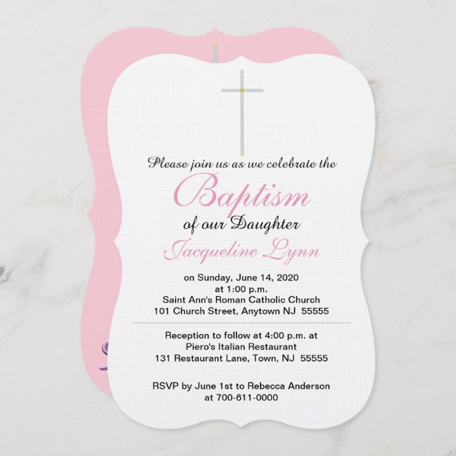 Baptism Cross Pink Baby Rattle Daughter Invitation (Front/Back)