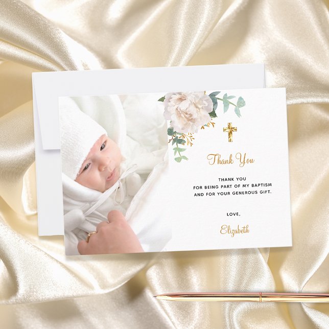 Baptism custom photo floral white gold thank you card (Creator Uploaded)