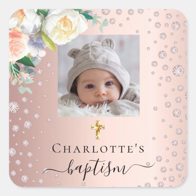 Baptism custom photo rose gold girl florals square sticker (Front)