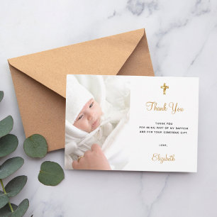Baptism custom photo white gold minimalist thank you card