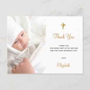 Baptism custom photo white gold thank you postcard