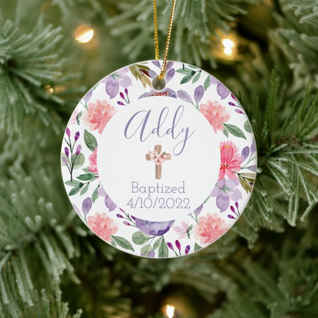 Baptism Date Christian Purple Floral Ornament  (Tree)