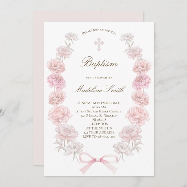Baptism delicate peonies frame invitation (Front/Back)