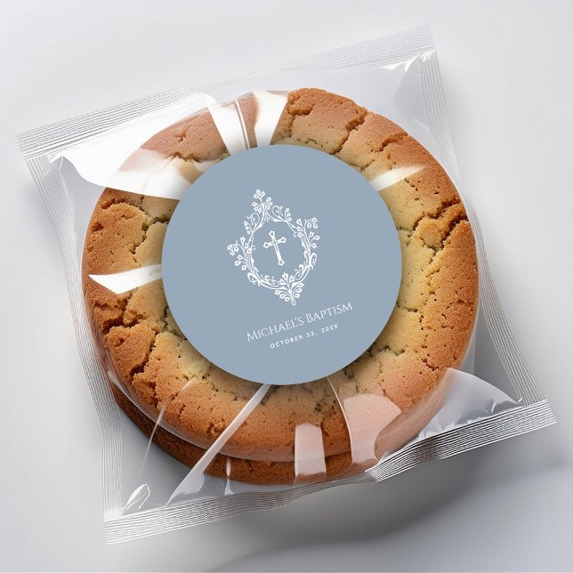 Baptism Dusty Blue Elegant Boy White Cross Crest  Classic Round Sticker (Creator Uploaded)