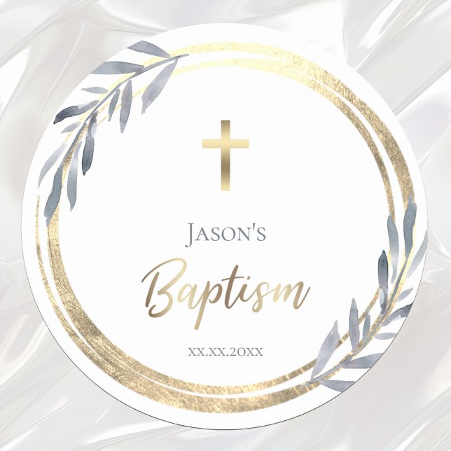 Baptism dusty blue faux gold foil  classic round sticker (Creator Uploaded)