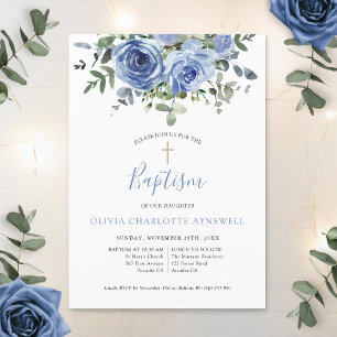  Baptism Dusty Blue Rose Eucalyptus Christening Invitation