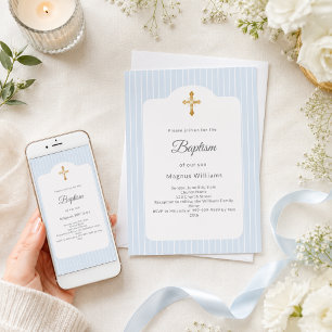 Baptism dusty blue stripes boy invitation