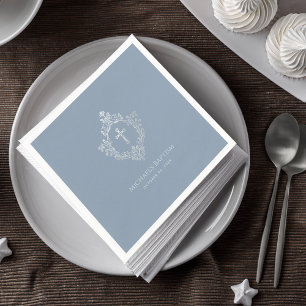Baptism Dusty Blue Vintage Crest Faux Silver Cross Napkin
