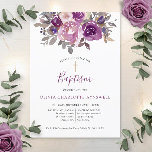 Baptism Dusty Mauve Purple Botanical Christening Invitation