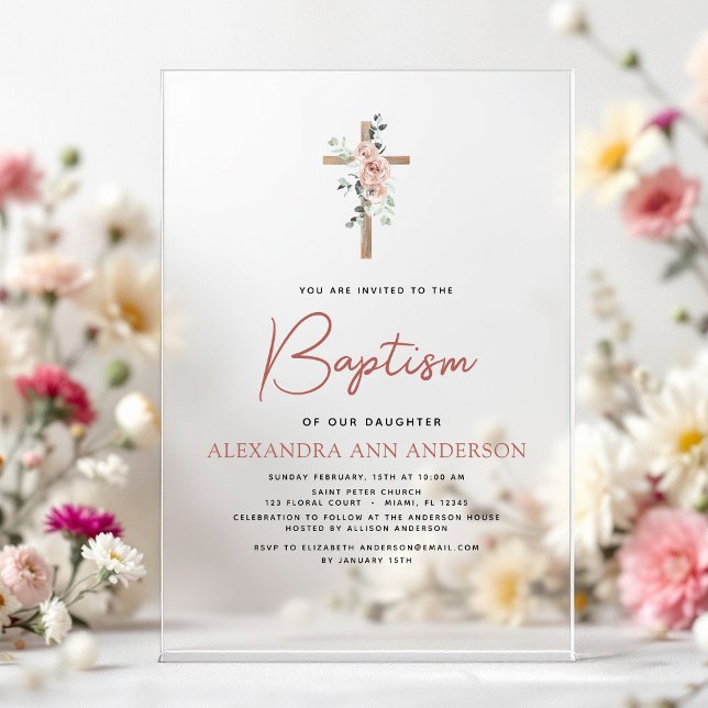Baptism Dusty Pink Rose Greenery Eucalyptus Acrylic Invitations (Creator Uploaded)