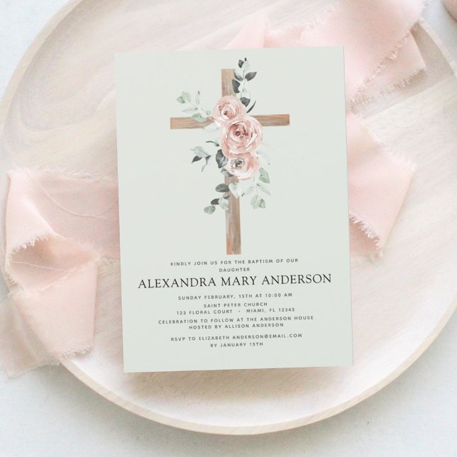 Baptism Dusty Pink Rose Sage Green Eucalyptus Invitation (Creator Uploaded)
