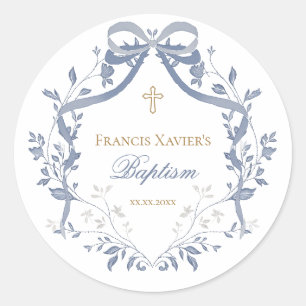 Baptism elegant blue bow classic round sticker