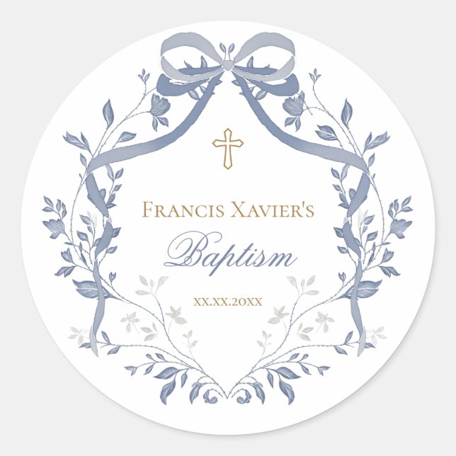 Baptism elegant blue bow classic round sticker (Front)