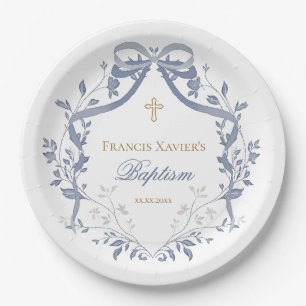 Baptism elegant blue bow paper plate