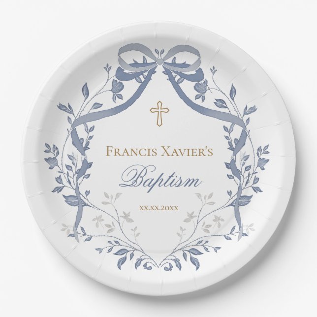Baptism elegant blue bow paper plate (Front)