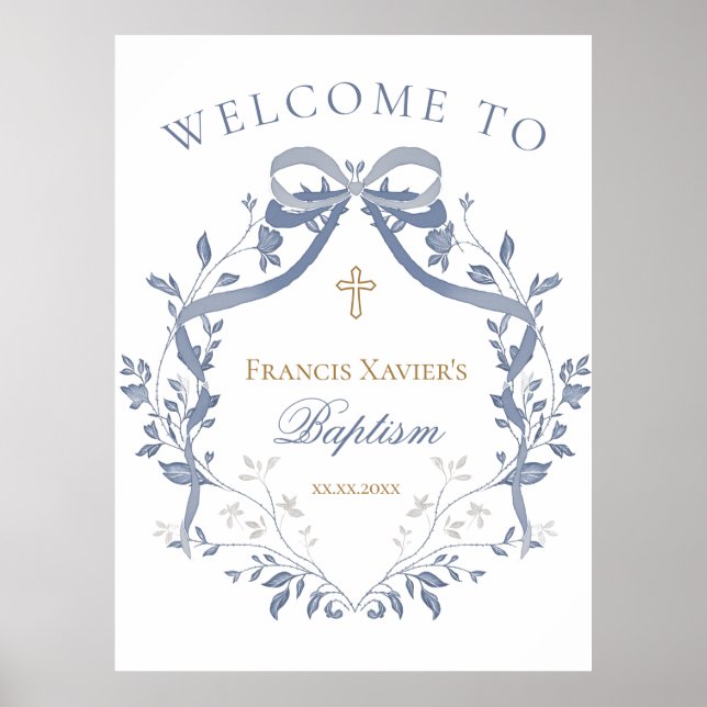 Baptism elegant blue bow welcome sign (Front)