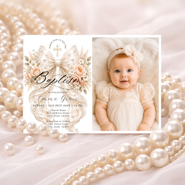 Baptism Elegant Bow Floral Photo Invitation (Creator Uploaded)