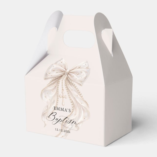 Baptism Elegant Bow with Pearls Favour Box (Front Side)