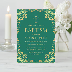Baptism Emerald Green Faux Gold Foil Leaves Ornate Invitation