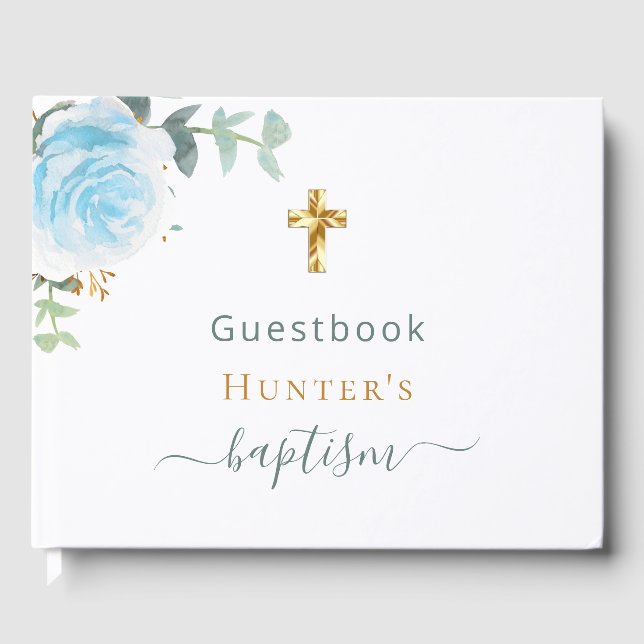Baptism eucalyptus blue floral boy photo guest book (Front)