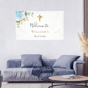 Baptism eucalyptus blue floral boy welcome  banner