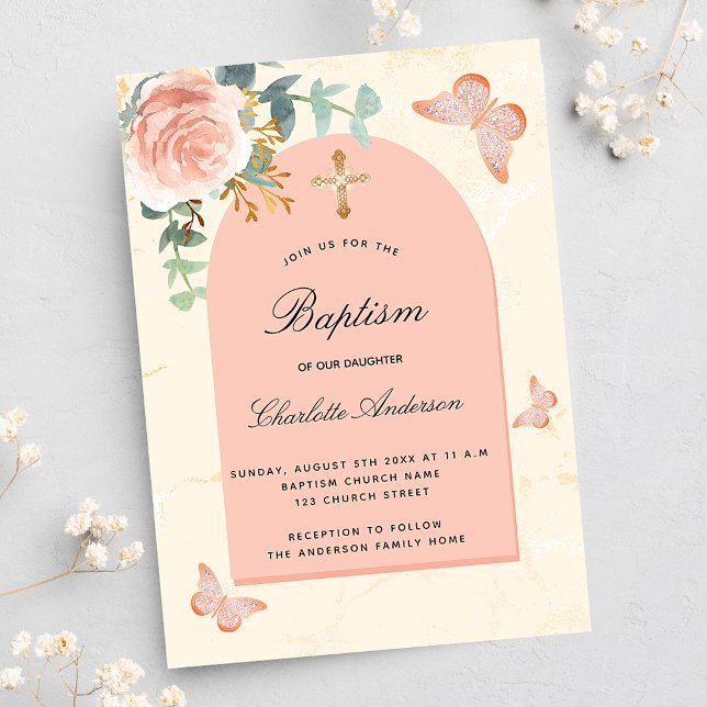 Baptism eucalyptus blush rose floral butterflies invitation (Creator Uploaded)