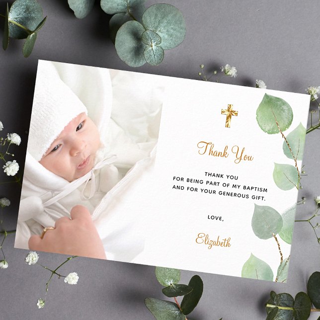 Baptism eucalyptus custom photo white gold thank you card (Creator Uploaded)